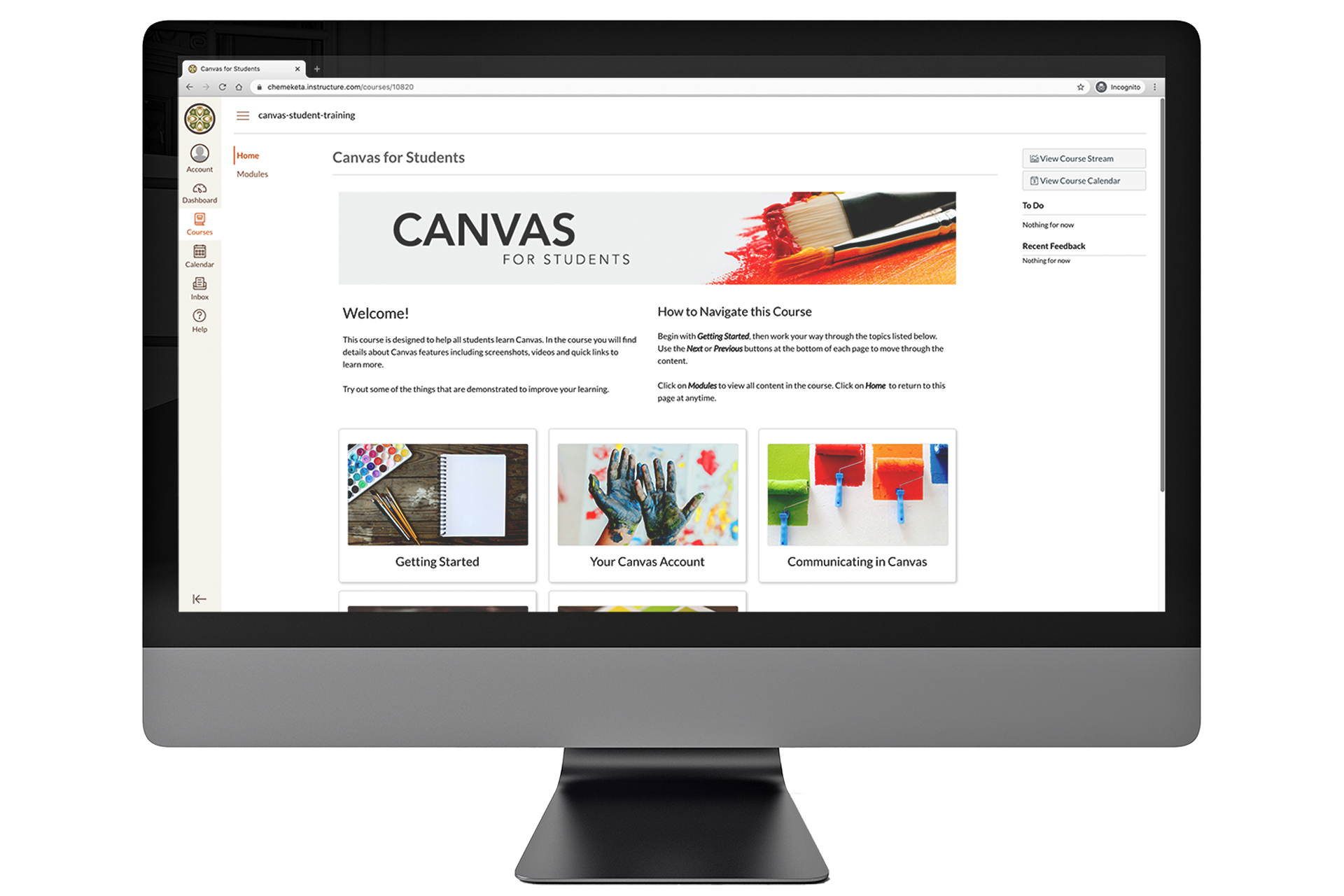 Computer with the Canvas for Students course displayed on the screen